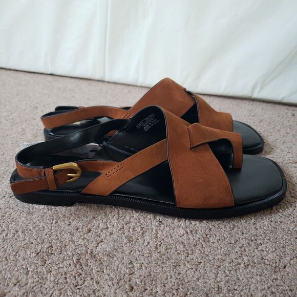 Zara Nwt Suede Leather Slide Strappy Sandals Toe Loop Metal Buckle Size 6 Brown - Picture 7 of 13